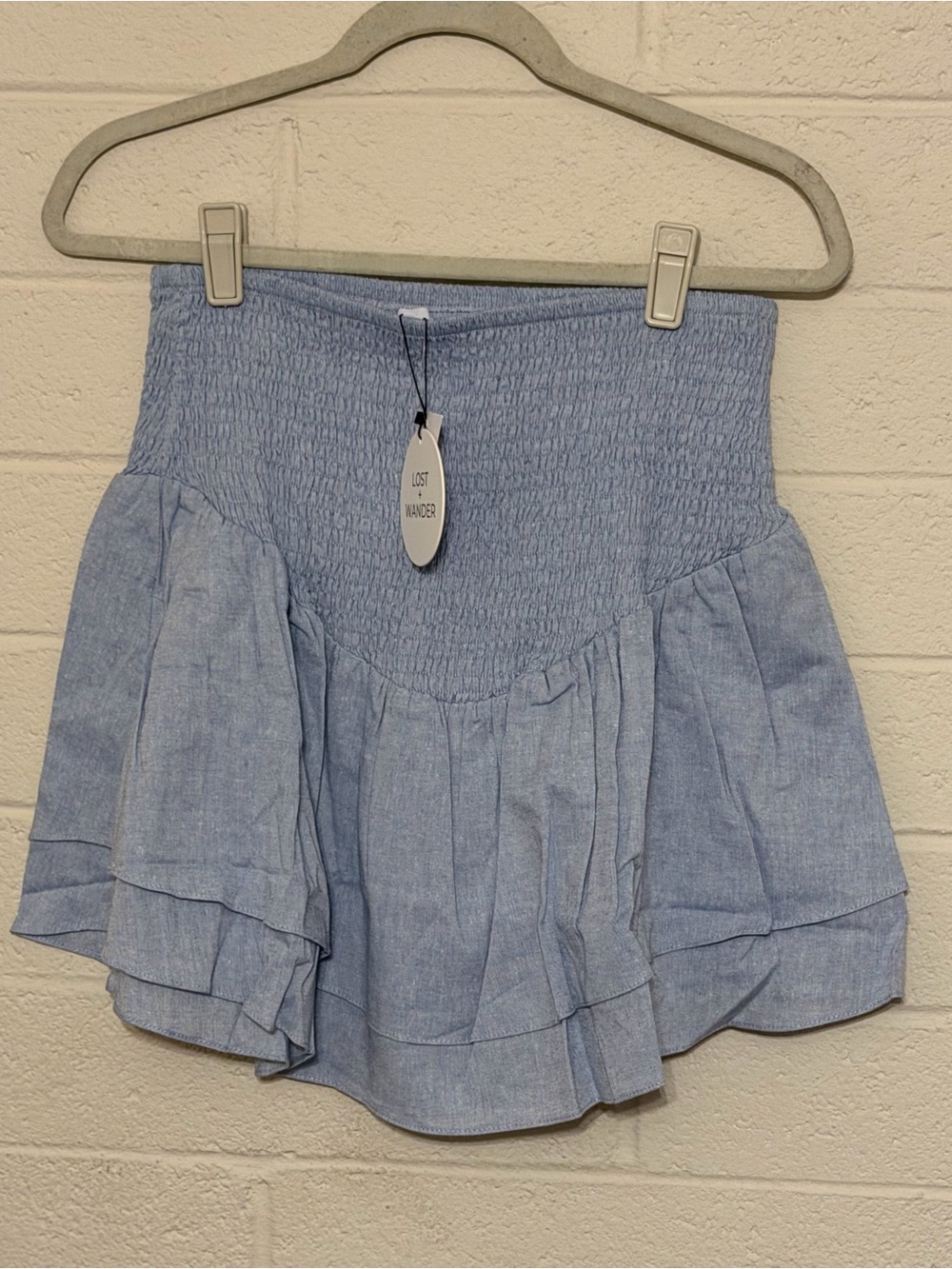 Lost + Wander Light Blue Smocked Ruffle Mini Skirt